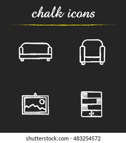 Interior chalk icons set. Sofa, armchair, wall picture and bookcase. Living room furniture. Isolated vector chalkboard illustrations