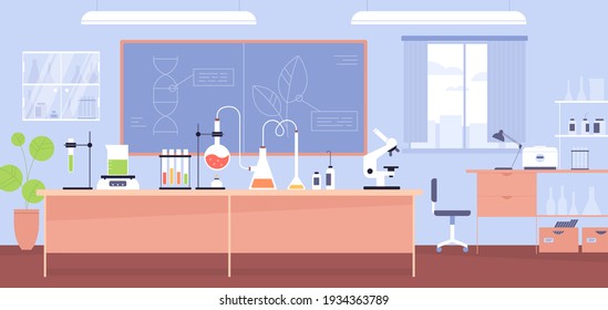 Interior of chemical laboratory with furniture, microscope, flasks and tubes. Experiment in chemistry classroom in school. Colored flat cartoon vector illustration of research room with equipment