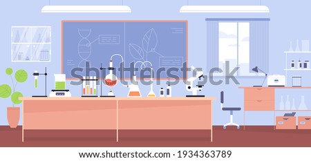 Interior of chemical laboratory with furniture, microscope, flasks and tubes. Experiment in chemistry classroom in school. Colored flat cartoon vector illustration of research room with equipment