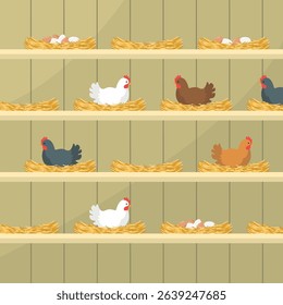 Interior of a chicken coop with hens, nests and eggs. Agribusiness. Farm products.