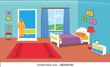 Interior of the child bedroom. Cozy bedroom design with modern furniture. Vector illustration.