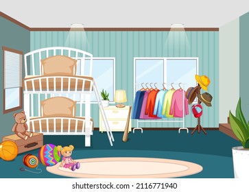 Interior of children bedroom with clothes rack illustration