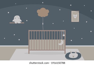Interior of children bedroom,nursery or baby room with home decorations.Furniture - crib or cot bed, carpet, stuffed toy bunny on shelf,picture with heart. For ad furniture salon.Vector illustration