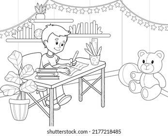 El interior de la sala para niños. El chico está aprendiendo lecciones en casa. Ilustración vectorial, libro de coloreado de páginas.