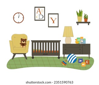 Interior of a children room for a boy. Modern furniture - wardrobe and bed, toys, bedside table, care items and clothes. Vector illustration. For use on covers, flyers, flyers, social media and