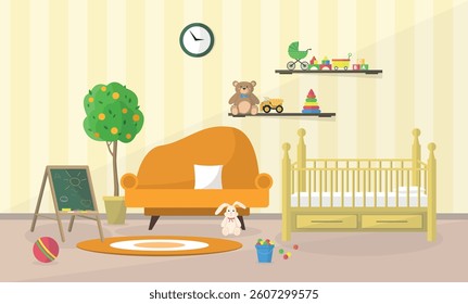 Interior of a children's playroom with a crib, sofa, board and toys. Room for games and development.