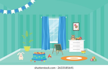 Interior of children's playroom with toys. Playroom. Toys for a boy or girl. Kindergarten at home.