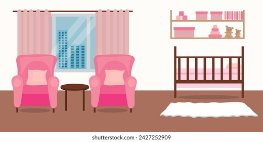 Interior of children's room with bed and armchairs