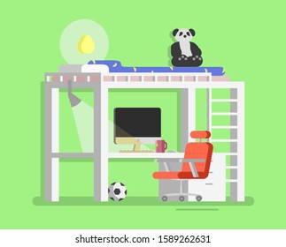 Interior. Children's room with bed, table, chair, computer, toys. Teenager room with workplace. Flat vector illustration. Cartoon style