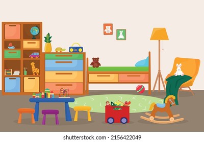 The interior of the children's room. Bright toys, accessories, books, bed, shelving, table. Vector illustration.