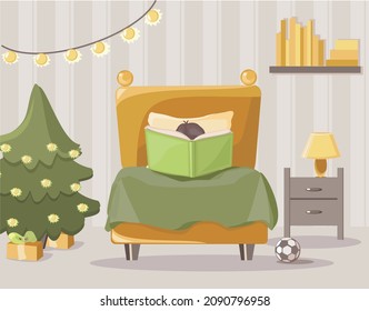 interior of a children's room with a child reading a book and a Christmas tree and gifts