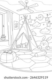 Interior of a children's room. Coloring page for adults and children.