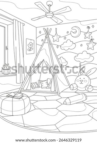 Interior of a children's room. Coloring page for adults and children.