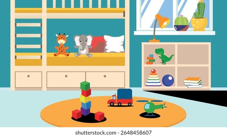 Interior of children's room with furniture and toys. Vector illustration