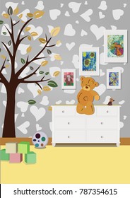 The interior of the children's room with furniture, toys, children's drawings. Illustration of a children's room.