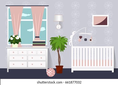 The interior of a child's bedroom . Flat design. Vector illustration. Cartoon.
