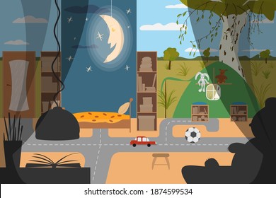 Inneneinrichtung eines Kinderzimmers für einen Jungen. Ein Schlafbereich, ein Spielplatz, ein touristisches Zelt an der Wand.