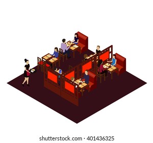 Interior of the Chinese restaurant with customers and waitress. Isometric room in the Chinese restraint. Isometric restaurant interior, flat Isometric restaurant interior. restaurant interior people