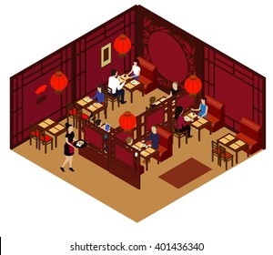 Interior of the Chinese restaurant with customers and waitress. Isometric room in the Chinese restraint. Isometric restaurant interior, flat Isometric restaurant interior. restaurant interior people