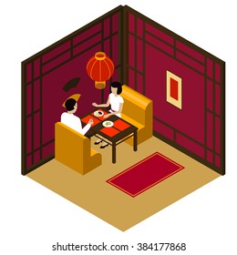 Interior of the Chinese restraint  with customers and waitress. Isometric room in the Chinese restraint, date of couple in the chinese restraint. Chinese restaurant interior