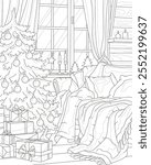 Interior. Christmas living room decoration. Coloring page for adults. Vector image.