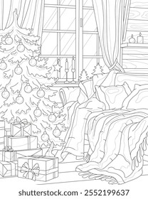 Interior. Christmas living room decoration. Coloring page for adults. Vector image.