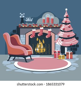 Interior Christmas with magic glowing Christmas tree, fireplace and gifts vector Illustration