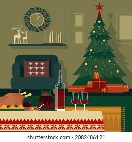 Interior with Christmas tree and table with treats. Flat graphic vector illustration.