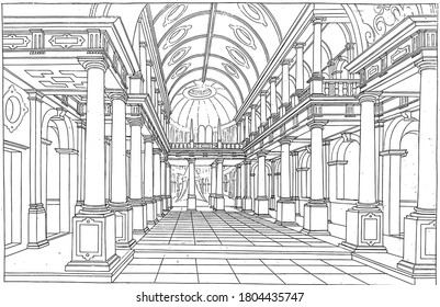 Interior of a Church, Hendrick Hondius (I), after Paul Vredeman de Vries, 1620 Interior of a Church with Columns of the Tuscan and Ionic Order. A canopy in the choir, vintage engraving.