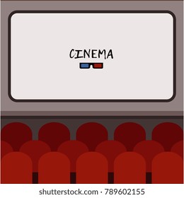 Interior cinema hall illustration with rows of comfortable red sits in front of screen with place for text. Movie premiere poster. Flat vector
