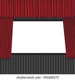 Interior of a cinema movie theater with copy space on the screen red curtains.