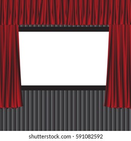 Interior of a cinema movie theater with copy space on the screen red curtains.