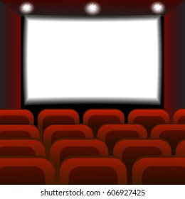 Interior of a cinema movie theater. Empty Cinema auditorium with white screen. Vector illustration. 

