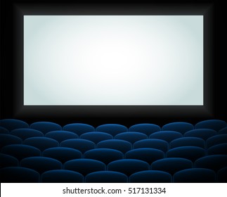  Interior of a cinema movie theatre, lecture hall with copyspace on the screen and rows of blue cinema or theater seats in front. Empty Cinema auditorium with white screen. Vector illustration. EPS 10