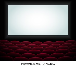  Interior of a cinema movie theatre, lecture hall with copyspace on the screen and rows of red cinema or theater seats in front. Empty Cinema auditorium with white screen. Vector illustration. EPS 10