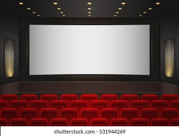 Interior Of A Cinema Movie Theatre. Red Cinema Or Theater Seats In Front Of White Blank Screen. Empty Cinema Auditorium Background Vector Illustration