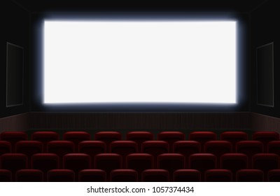 Interior of a cinema movie theatre with shiny white blank screen. Red cinema or theater seats in front of the screen. Empty Cinema auditorium background vector illustration.
