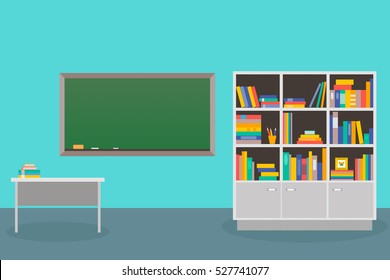 El interior es de clase con un armario para libros, la mesa de la escuela y el escritorio de los profesores. Ilustración vectorial.