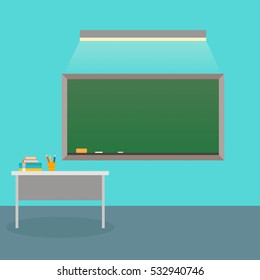 The interior is class with school Board and teacher's Desk. Vector illustration. Back to school.