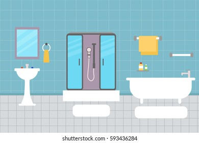 Interior Classic Bathroom with Furniture. Basic Room of Home. Flat Design Style. Vector illustration, EPS10