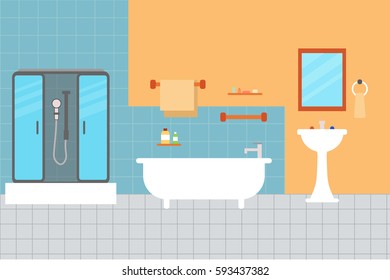 Interior Classic Bathroom with Furniture. Basic Room of Home. Flat Design Style. Vector illustration, EPS10