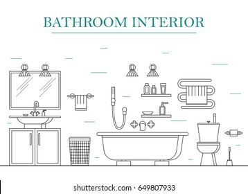 Interior Classic Bathroom with Furniture. Basic Room of Home. Thin Line Design Style. Vector illustration