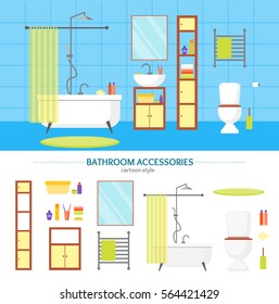 Interior Classic Bathroom with Furniture and Elements Set. Basic Room of Home. Flat Design Style. Vector illustration