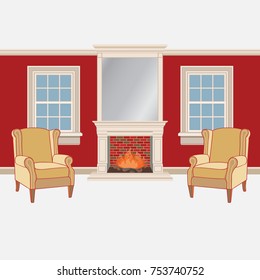 Interior with classic fireplace, windows and armchairs