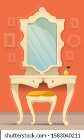 Interior of classical dressing room with mirror, chair and dressing table  with parfume bottles on it
