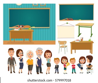 Interior of classroom with desk, blackboard, chipboard, chair and people. Color vector flat illustration isolated on white background.