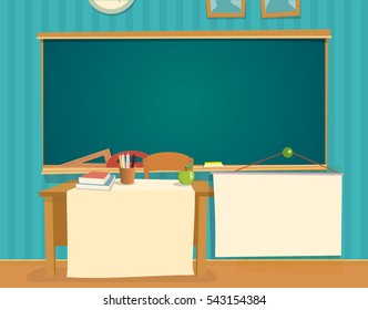 Interior of classroom with desk and blackboard. Vector flat color illustration isolated.