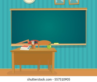 Interior Of Classroom With Desk And Blackboard. Vector Flat Color Illustration Isolated.