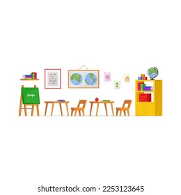 Interior classrooms in kindergarten for drawing, mathematics and creativity. Facilities for school children vector illustration. Education concept