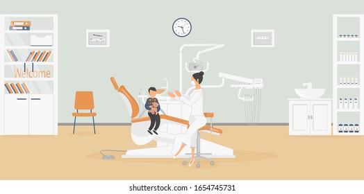 Interior of clinic: dentist's office with stylish medical equipment for dental treatment.Surgeon is talking to patient - little boy with Teddy bear.Products for oral hygiene in closet.Vector